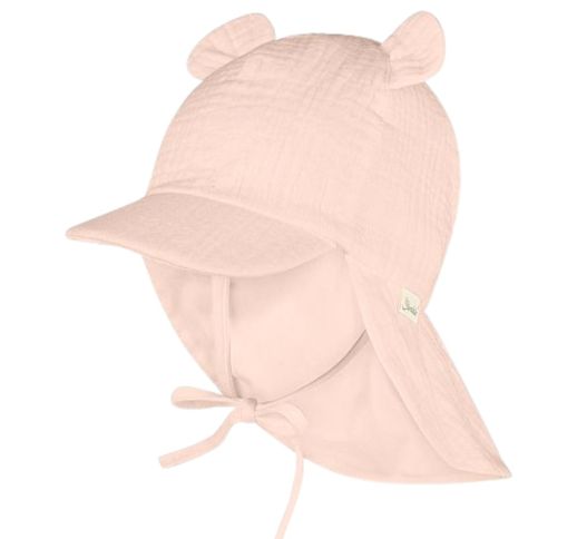 Muslino vaiki&scaron;ka kepurė su kaklo apsauga ir ausytėmis Rožinė pudra 738