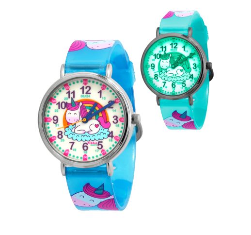 Tamsoje &scaron;viečiantis edukacinis vaiki&scaron;kas laikrodis &bdquo;Unicorn Classic, vaikams nuo 5 metų