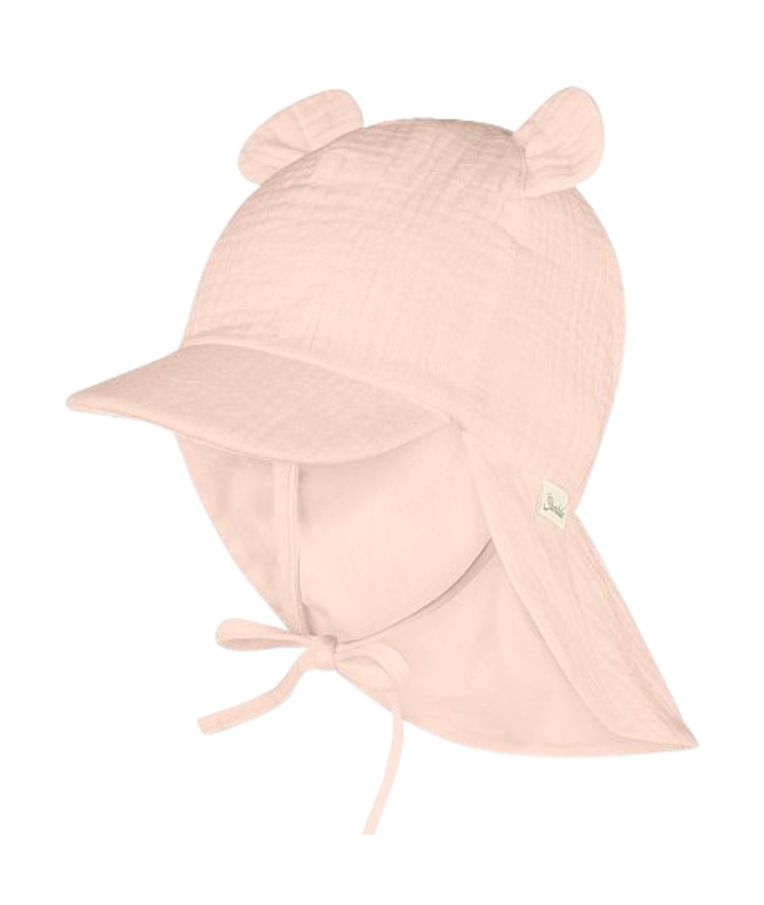 Muslino vaiki&scaron;ka kepurė su kaklo apsauga ir ausytėmis Rožinė pudra 738 1