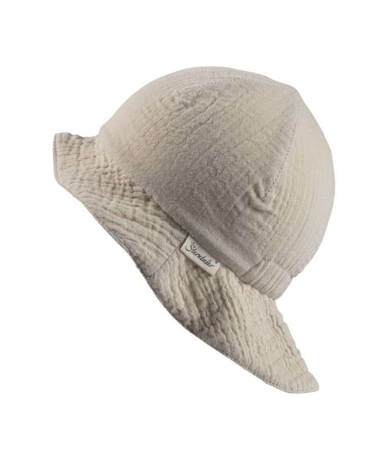 Dvipusė muslino medžiagos kepurė vaikams su kaklo apsauga Švelni kreminė 935 3