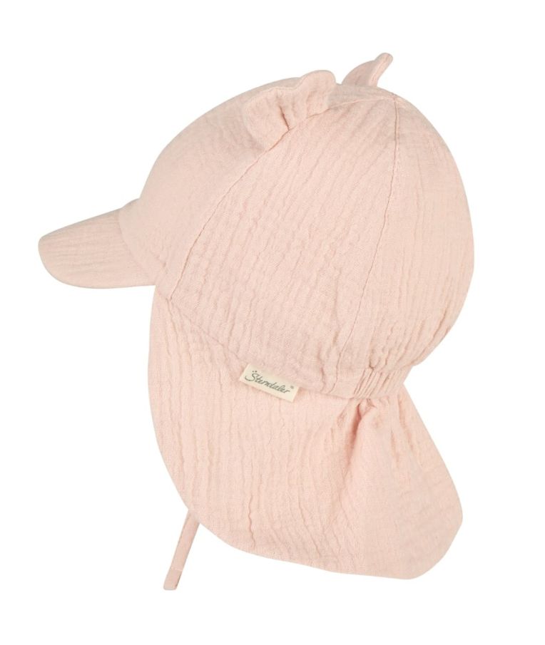 Muslino vaiki&scaron;ka kepurė su kaklo apsauga ir ausytėmis Rožinė pudra 738 3